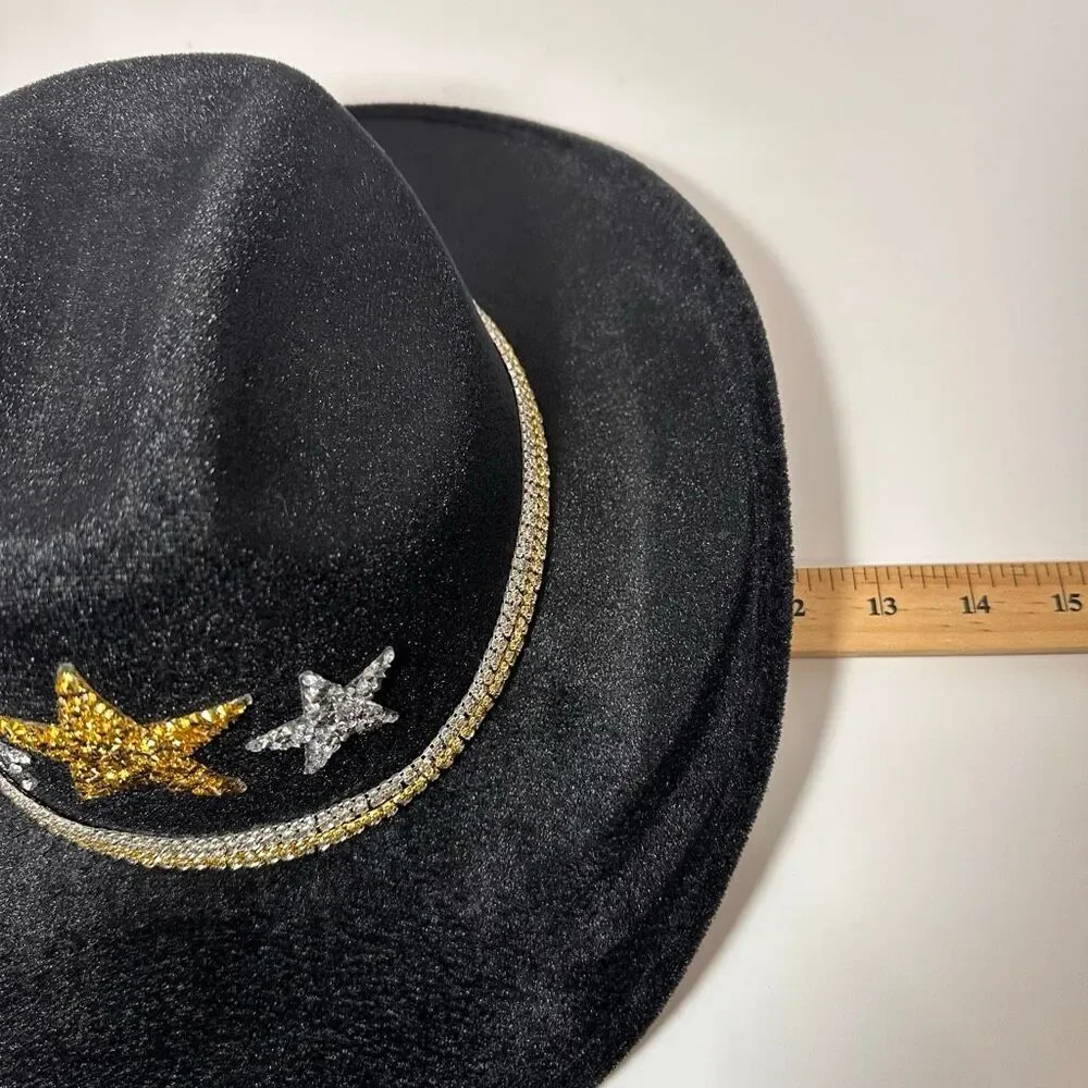 Cowgirl Hat Rhinestone-Embellished Stars Black Cowboy Hat Gold Silver | Women - Picture 9 of 14